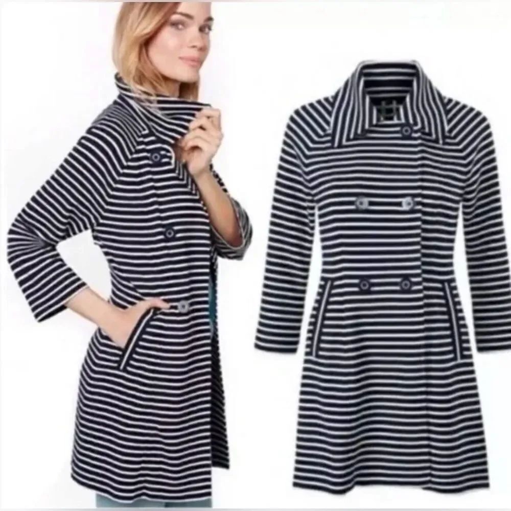 CABI Maritime Coat Striped Ponte Knit Double Breasted Preppy Nautical Medium
